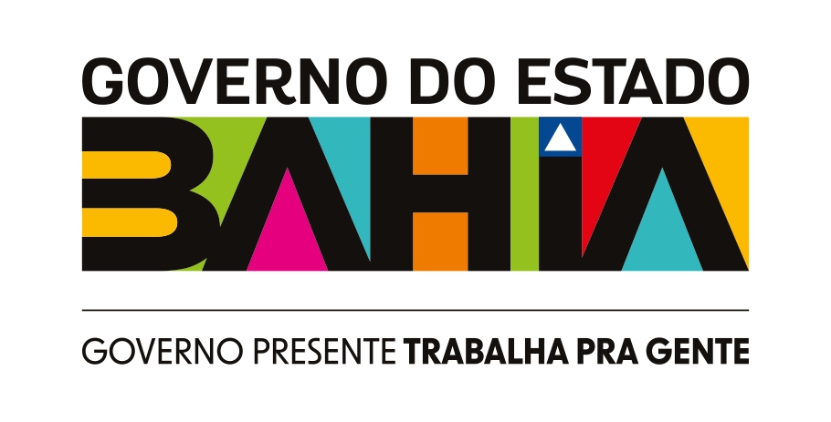 Logotipo do Governo da Bahia, com letras pretas e com o Bahia em negrito e com o pingo do i sendo um triângulo branco dentro de um quadrado azul. Ao fundo da palavra Bahia os espaços em brancos das letras são preenchidos com cores amarela, verde, rosa, azul, laranja e vermelho.